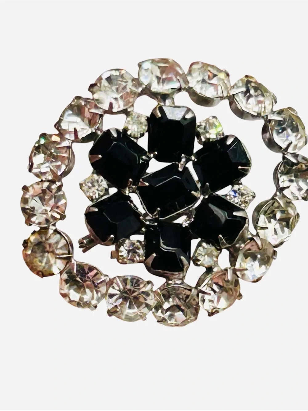 Vintage Black and Clear Rhinestone Oval Brooch